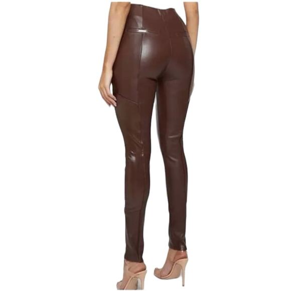 Maniere De Voir Vegan Faux Leather Brown Ribbed Patent Leggings Moto NWT size 12 - Picture 4 of 15